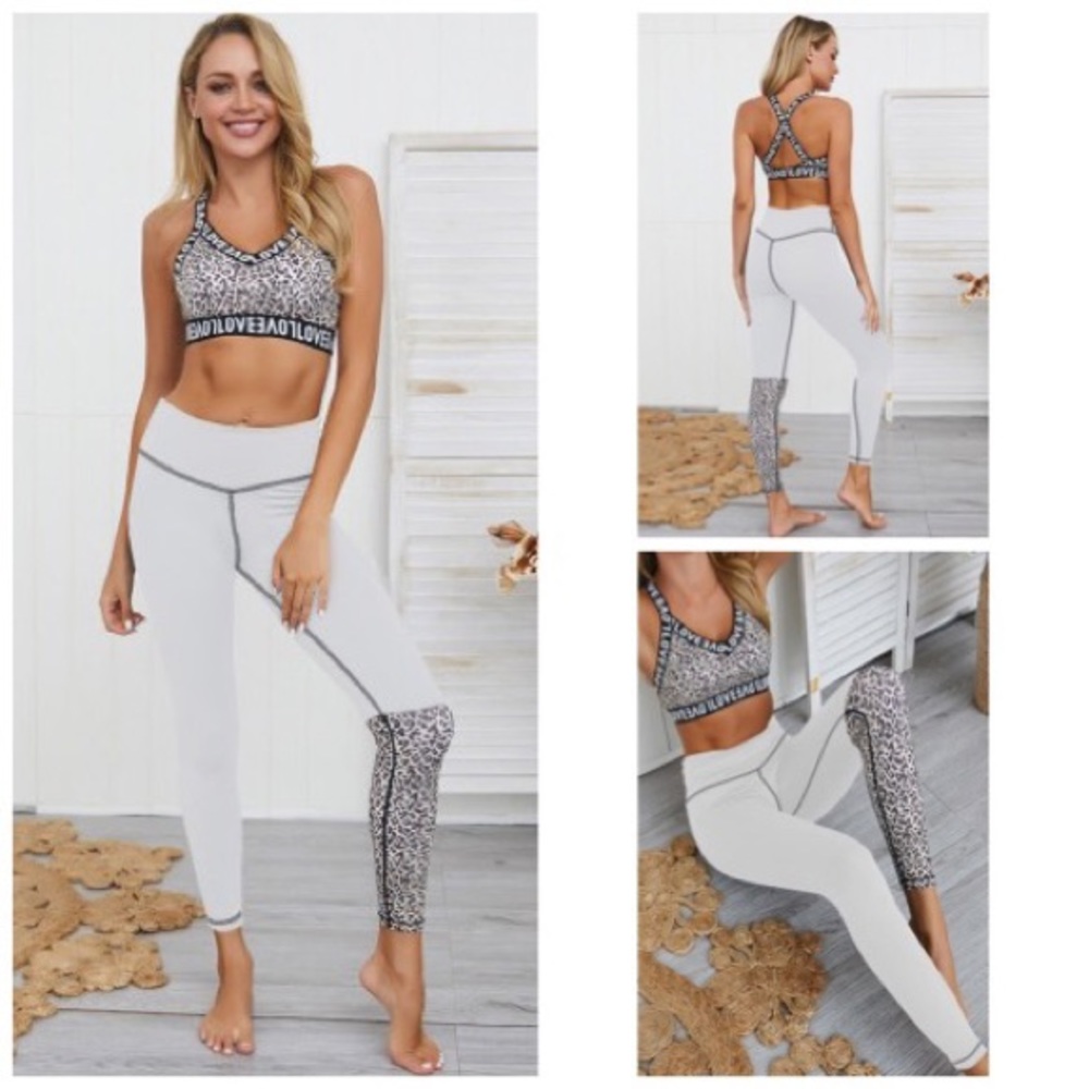 White Leopard Leggings Sports Bra Yoga Set